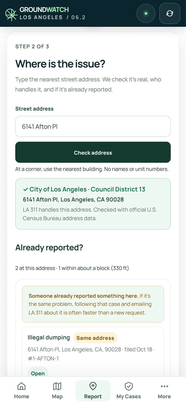 Step 2 of Report a problem: 6141 Afton Place is checked as City of Los Angeles, Council District 13, and two reports already exist at that address.