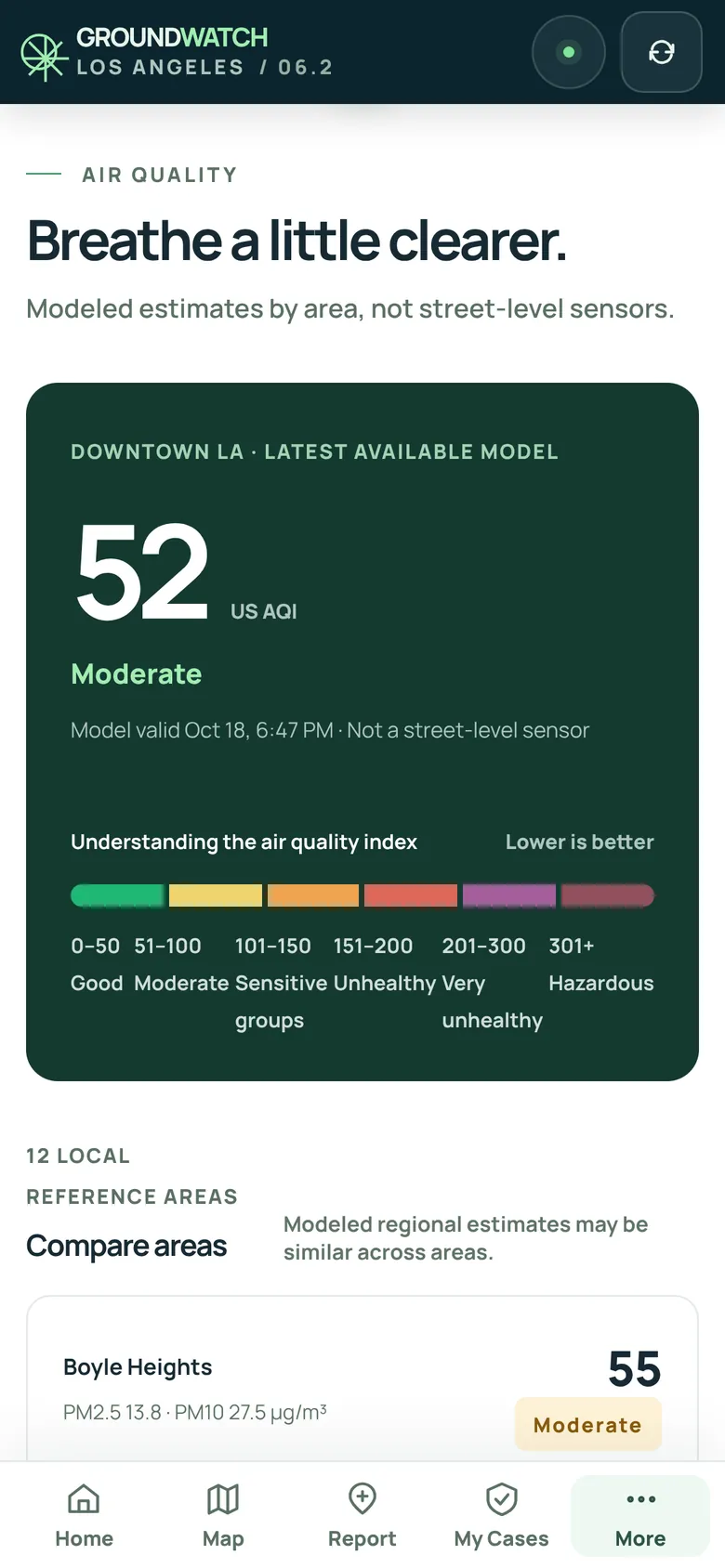 Air quality: downtown LA at 52, moderate, with the air quality index scale and nearby areas.