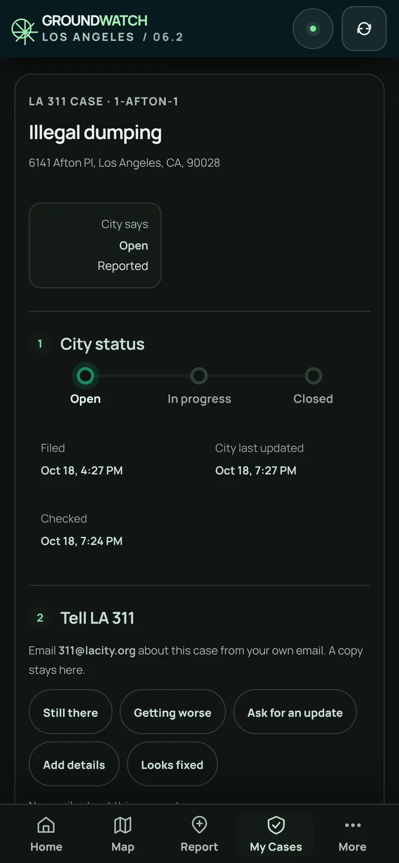 A followed case in dark mode.