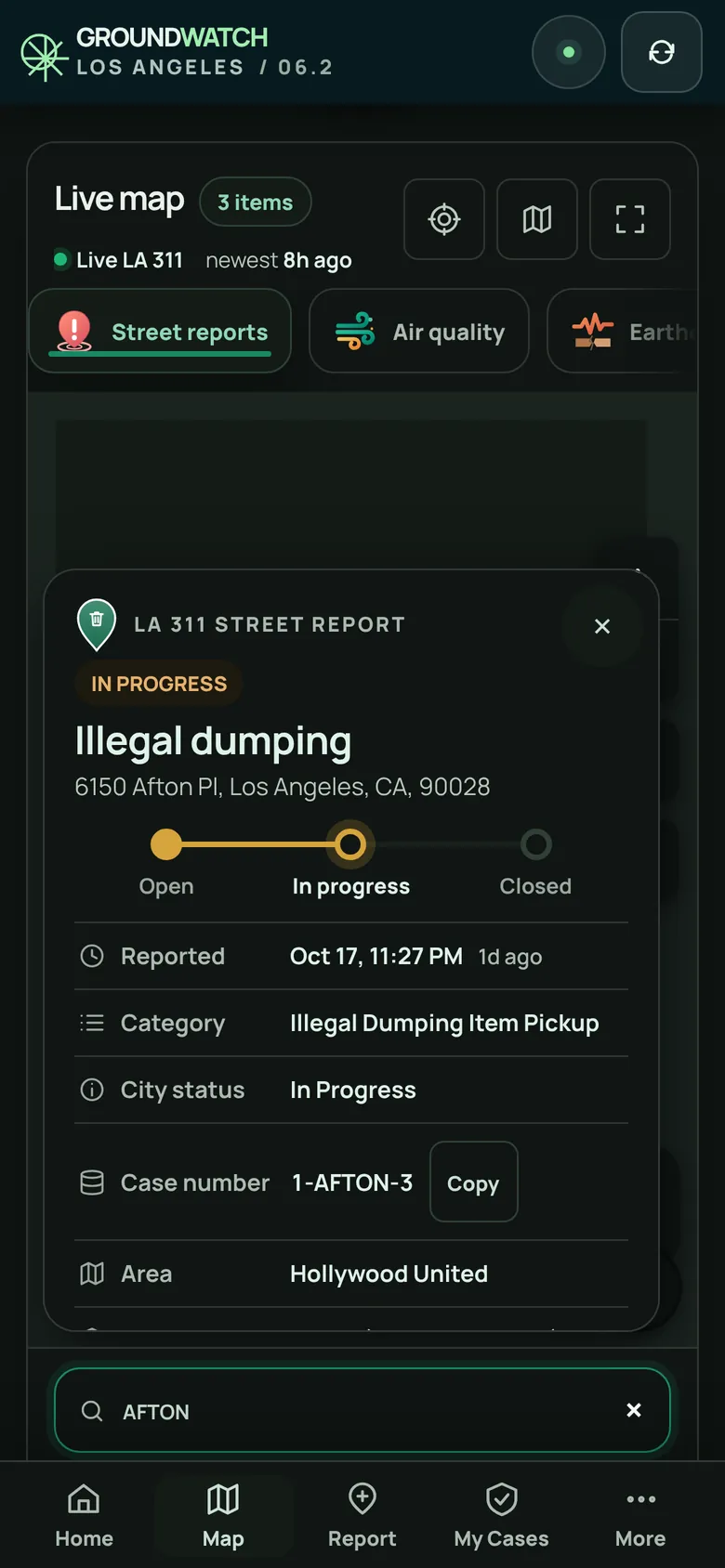 The same street report details in dark mode.