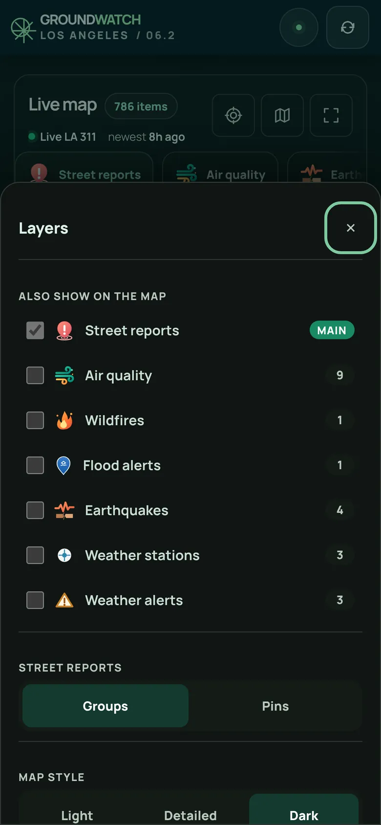 The Layers sheet in dark mode, with the Dark map style chosen.