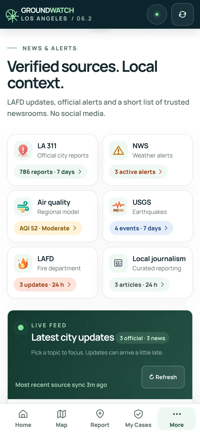 News and alerts: tiles for LA 311, National Weather Service, air quality, USGS, LAFD and local journalism, then the latest city updates.